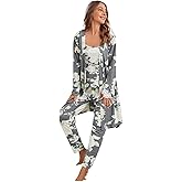 WDIRARA Women's 3 pcs Sleepwear Leaf Print Cami and Pants Pajama Set with Robe