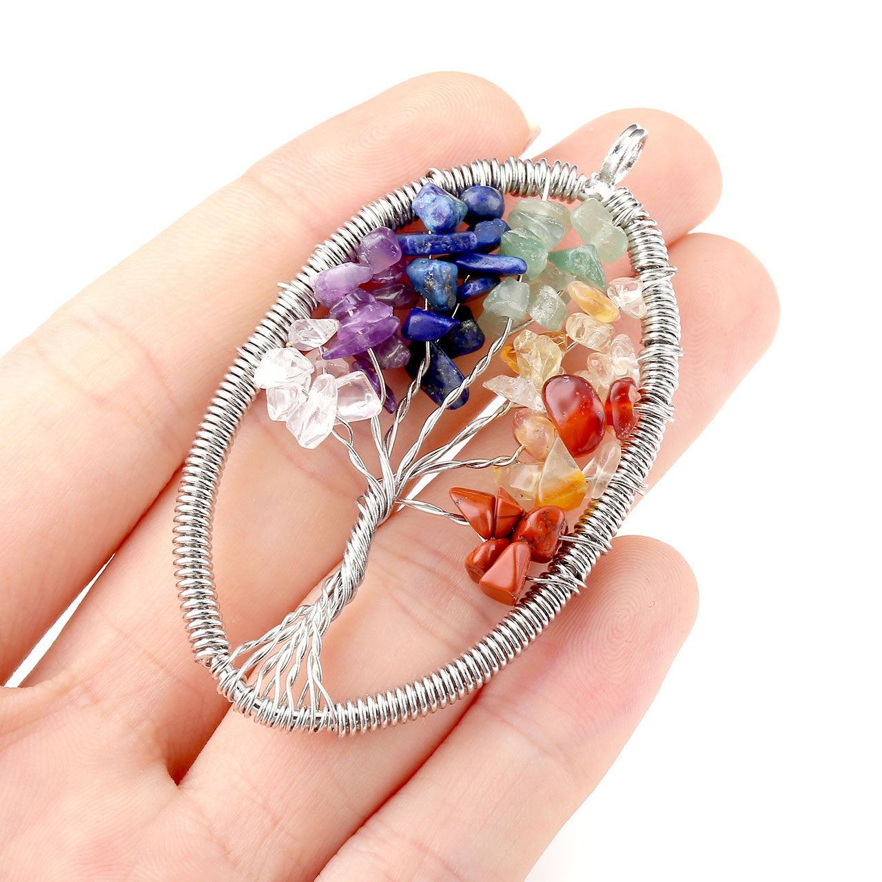 Top Plaza Tree of Life Silvery Plate Oval Wire Wrapped Crystal Chip Gemstone 7 Chakra Healing Balance Reiki Pendant Necklace For Jewelry Making