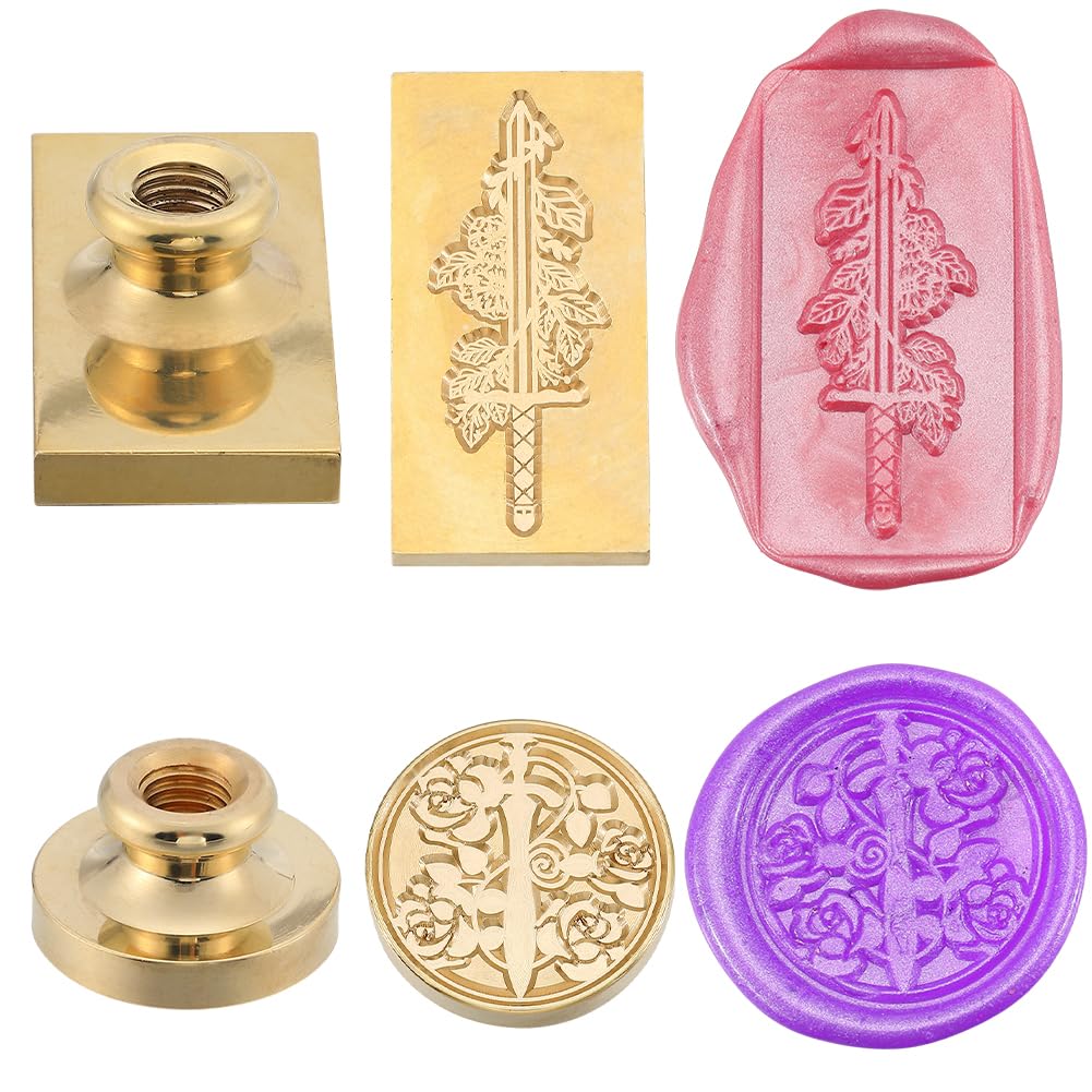 CRASPIRE 2Pcs Wax Seal Stamp Head Sword Removable Flower Rectangular Sealing Stamp Brass Head for Creative Gift Envelopes Invitations Cards Decoration DIY Scrapbooking Embellishment