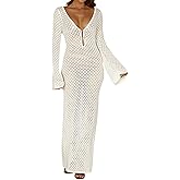 Leoparts Crochet Swimsuit Cover Up for Women Sexy V Neck Hollow Out Backless Maxi Dress Beach Bikini Coverup Dresses