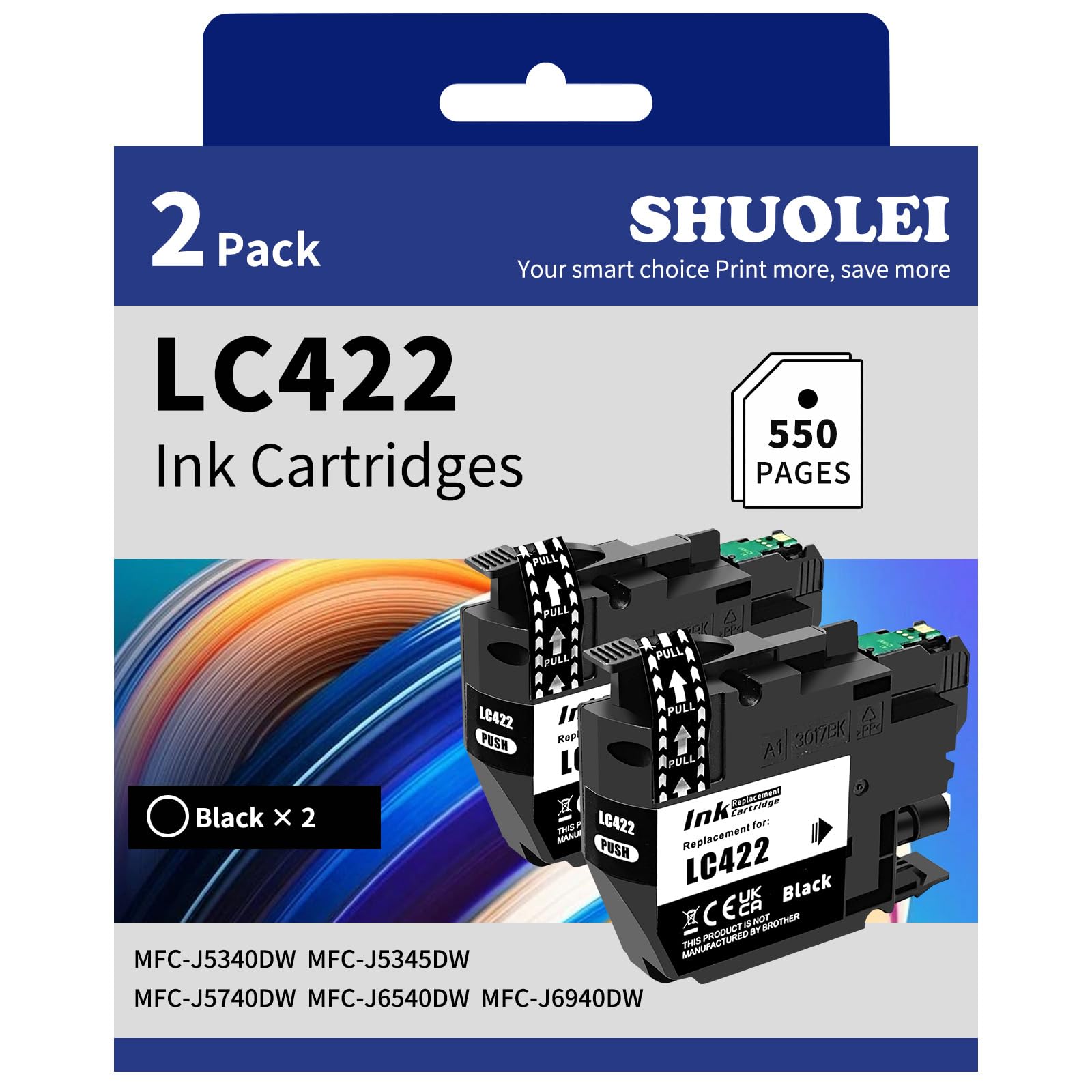 SHUOLEI LC422 Ink Cartridges Compatible with Brother LC422 LC-422 XL Inkjet Cartridges Multi-Pack Standard Yield, for MFC-J5340DW MFC-J5345DW MFC-J5740DW MFC-J6540DW MFC-J6940DW (2 Pack,2 Black)