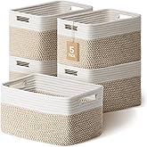 Yilobi 5 Pack Woven Storage Baskets for Shelves, Decorative Basket Organizer Storage Bins for Toys, Books, Clothes, Closet, Nursery, Bathroom – Cotton Rope Shelf Baskets for Organizing, Khaki & White
