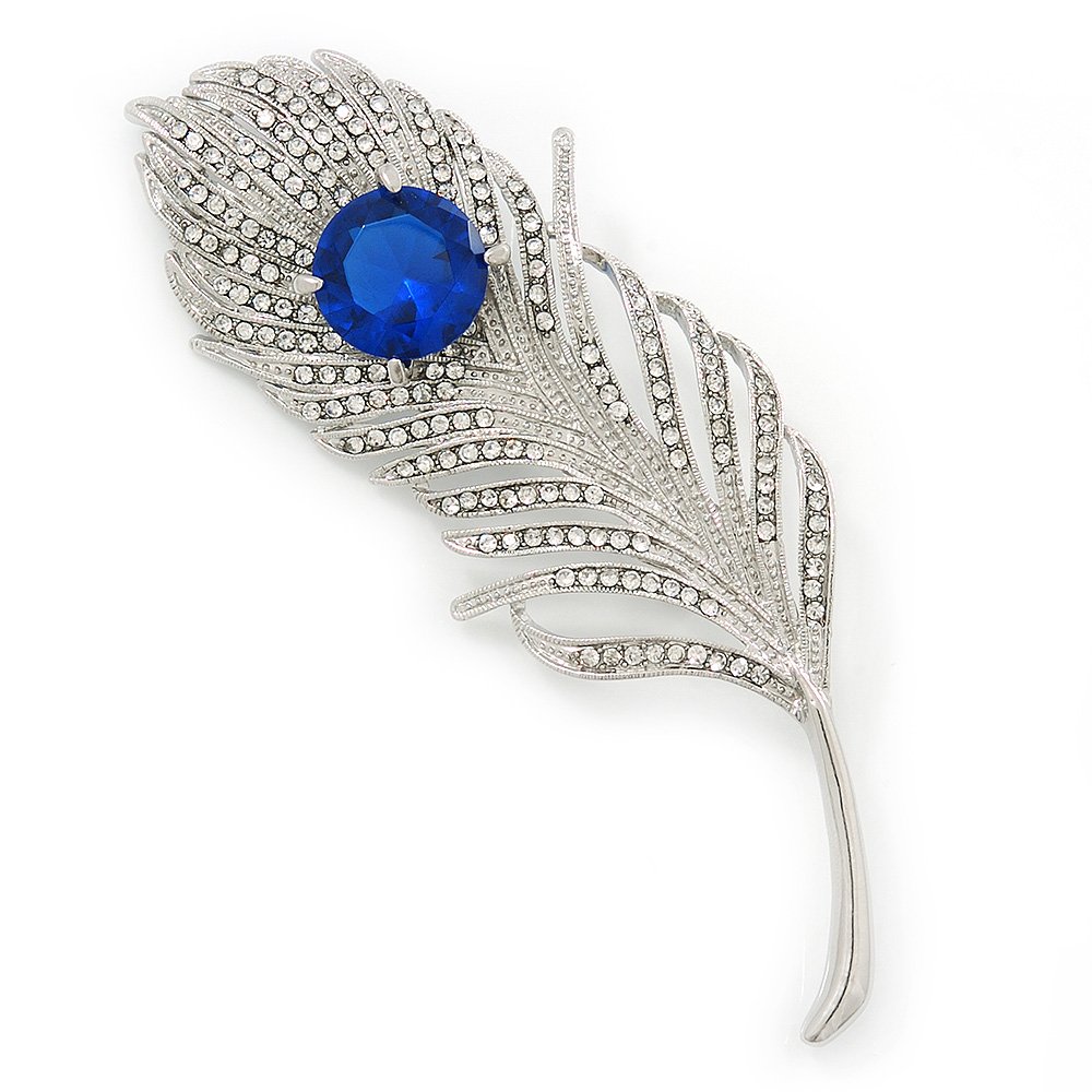 Large Diamante Peacock 'Feather' Brooch In Rhodium Plating (Clear/Sapphire Blue Colour) - 95mm Long