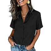 Zeagoo Button Down Shirts for Women Short Sleeve Collared Tops Dressy Casual V Neck Blouses