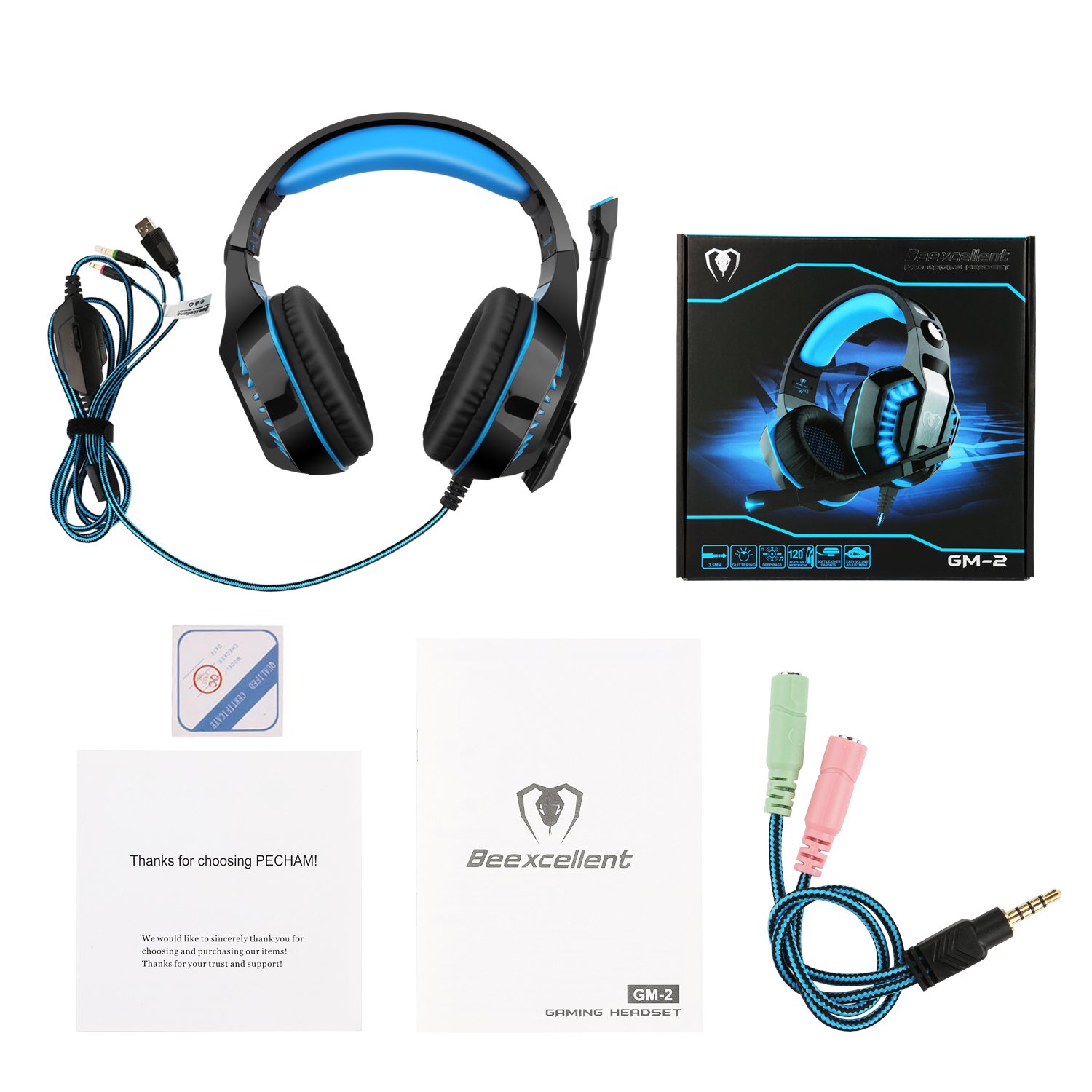 Beexcellent Casque Gaming pour PS4 3,5 mm Stéréo Gaming Headset écouteur LED Lumière Headphones avec Mic pour PS4 PC Téléphones Mobiles (Bleu)