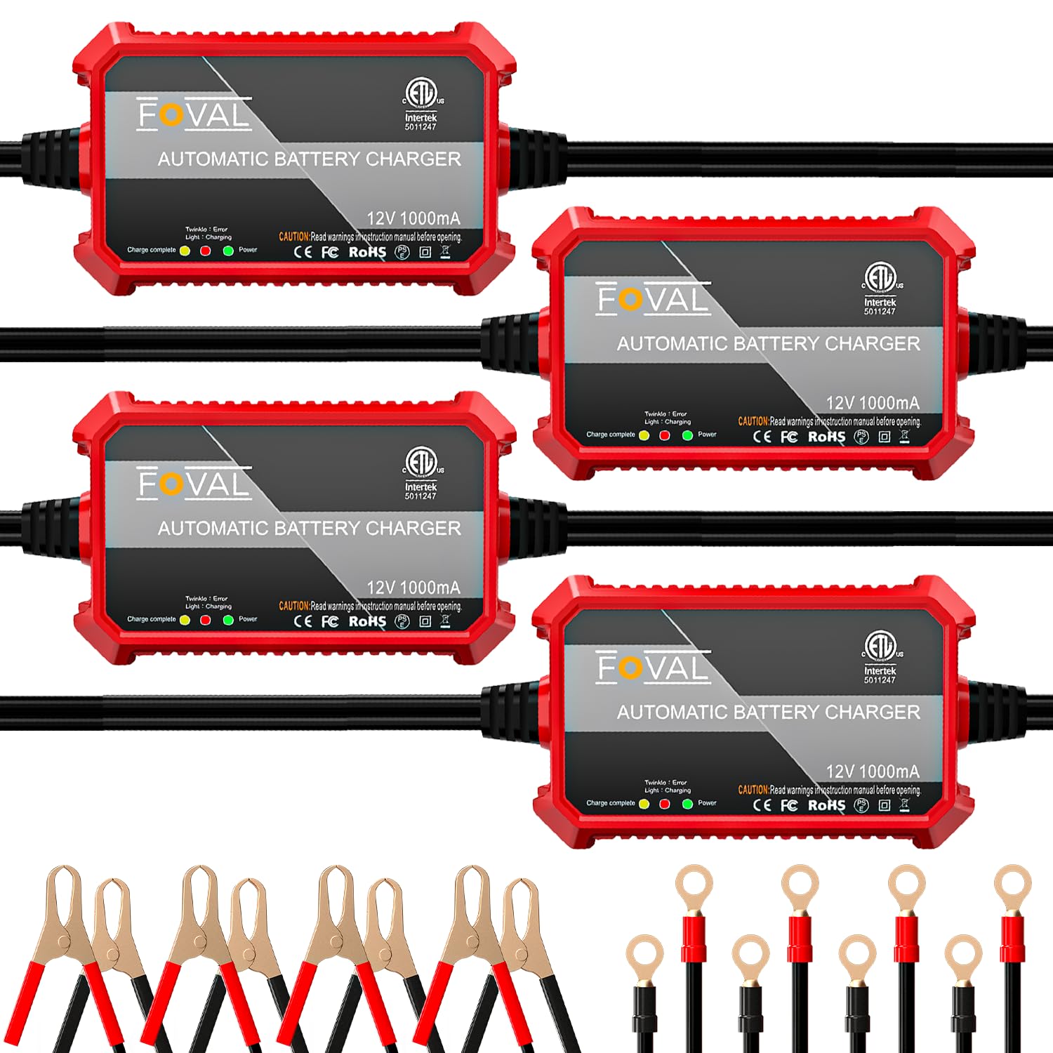 Photo 1 of [4-Pack] FOVAL Fully Automatic Trickle Battery Charger, 1000mA 12V Smart Car Battery Charger, Battery Maintainer, Float Charger for Motorcycle Car Lawn Mower Boat ATV Cell Lead Acid Batteries