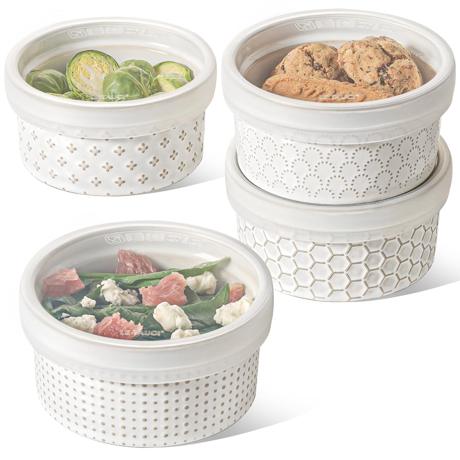 Photo 1 of LE TAUCI Ramekins Oven Safe with Lids, 12 oz Ramekin Set for Creme Brulee, Souffle, Dipping Sauce, Onion Soup, Ceramic Food Storage Container - 5 inch, Set of 4, Arctic White
