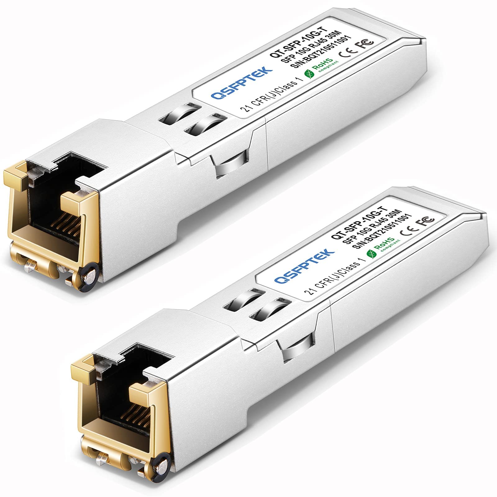 QSFPTEK (2Pack 10GBASE-T SFP+ to RJ45, 1.25G/2.5G/5G/10Gb RJ45 Copper Mini-GBIC Transceiver for Cisco SFP-10G-T-S, Ubiquiti UF-RJ45-10G, Netgear, Mikrotik, D-Link, Supermicro, CAT6A/CAT7, up to 30m