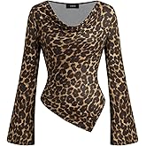 CIDER Leopard Print Tops for Women Cheetah Long Sleeve Cowl Neck Asymmetrical Hem Y2K Slim Fit Going Out Tops Trendy