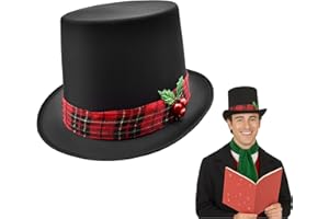 Nicky Bigs Novelties Black Christmas Top Hat, Snowman Hat for Men With Plaid Band & Berries, Pilgrim Hats, Victorian TopHat For Adults, Ugly Christmas Sweater Costume Black TopHat, One Size Fits All