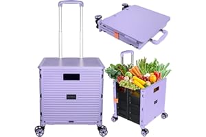 SELORSS Foldable Utility Cart Portable Collapsible Crate Rolling Carts with Wheels Rolling Tote Basket Teacher Cart with Lid Wear-Resistant 360°Rotate Wheel Noiseless for Shopping Storage Office Use