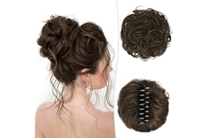 RUWISS Claw Clip Messy Bun Hair Piece Real Human Hair Buns Wavy Curly Chignon Hair Bun Extensions Tousled Updo Hair Buns Claw Clip Ponytail Hairpieces (Dark Ash Brown)