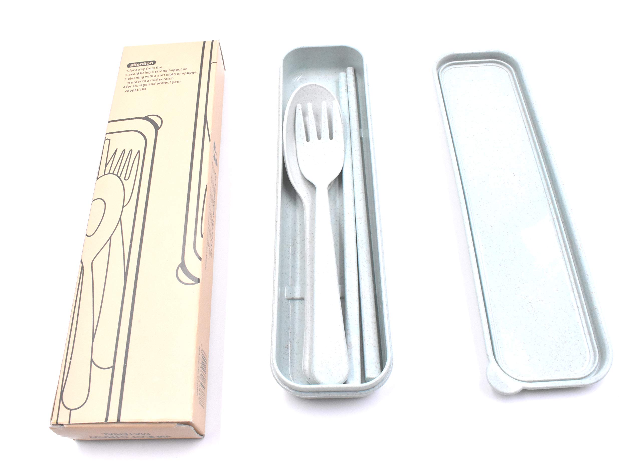 3PCS Portable Cutlery Blue Boreal Europe Style Healthy Eco-Friendly Wheat Straw Spoon Chopstick Fork Tableware set for Travel, Picnic, Camping or Just for Daily Use (Green)