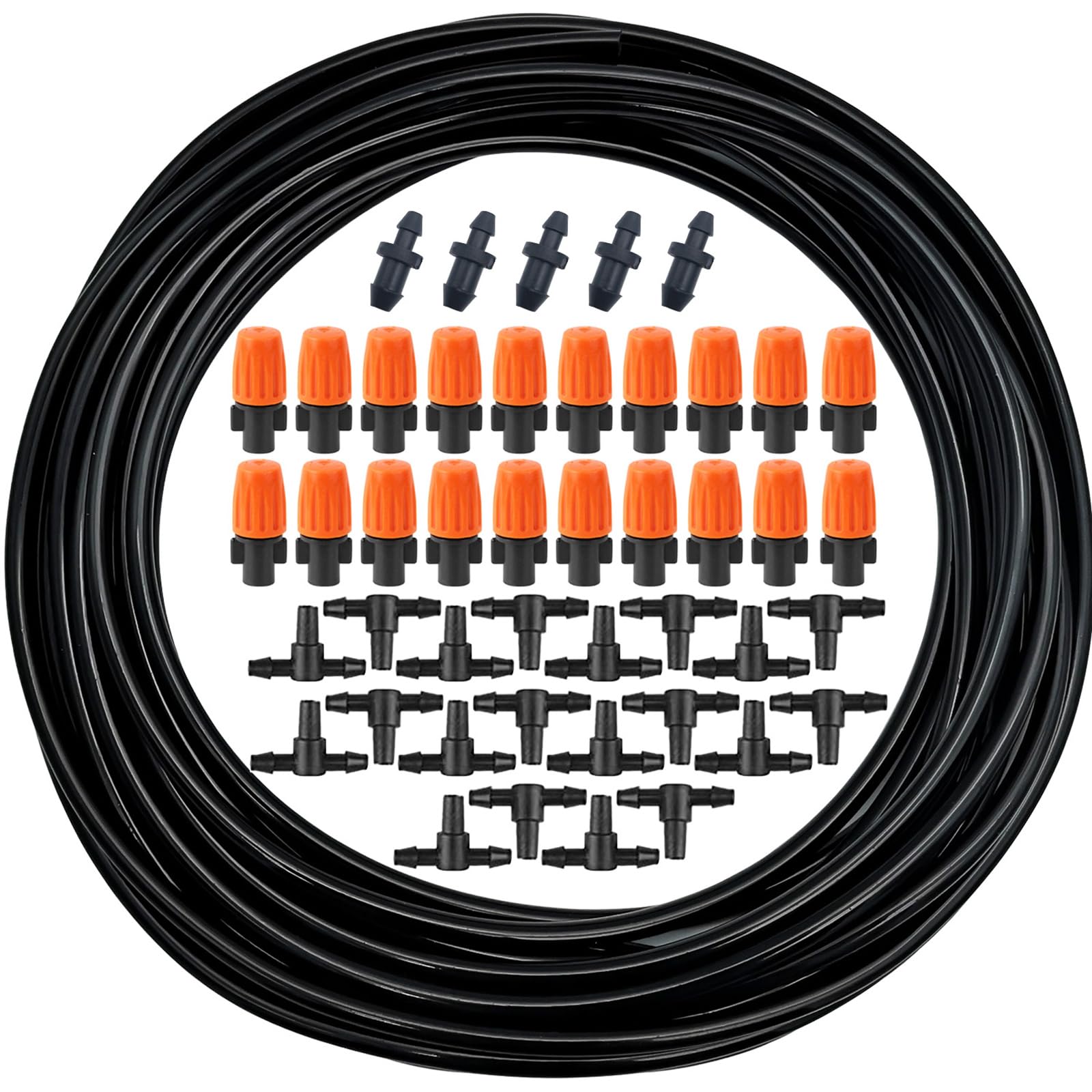 CTRICALVER Drip Irrigation System,10M 1/4 Inch Drip Irrigation Tubing with 20 Pcs Adjustable Nozzle Sprinkler Sprayer, 20 Pcs tees connector and 5 Pcs end plugs, for Small Garden Watering System