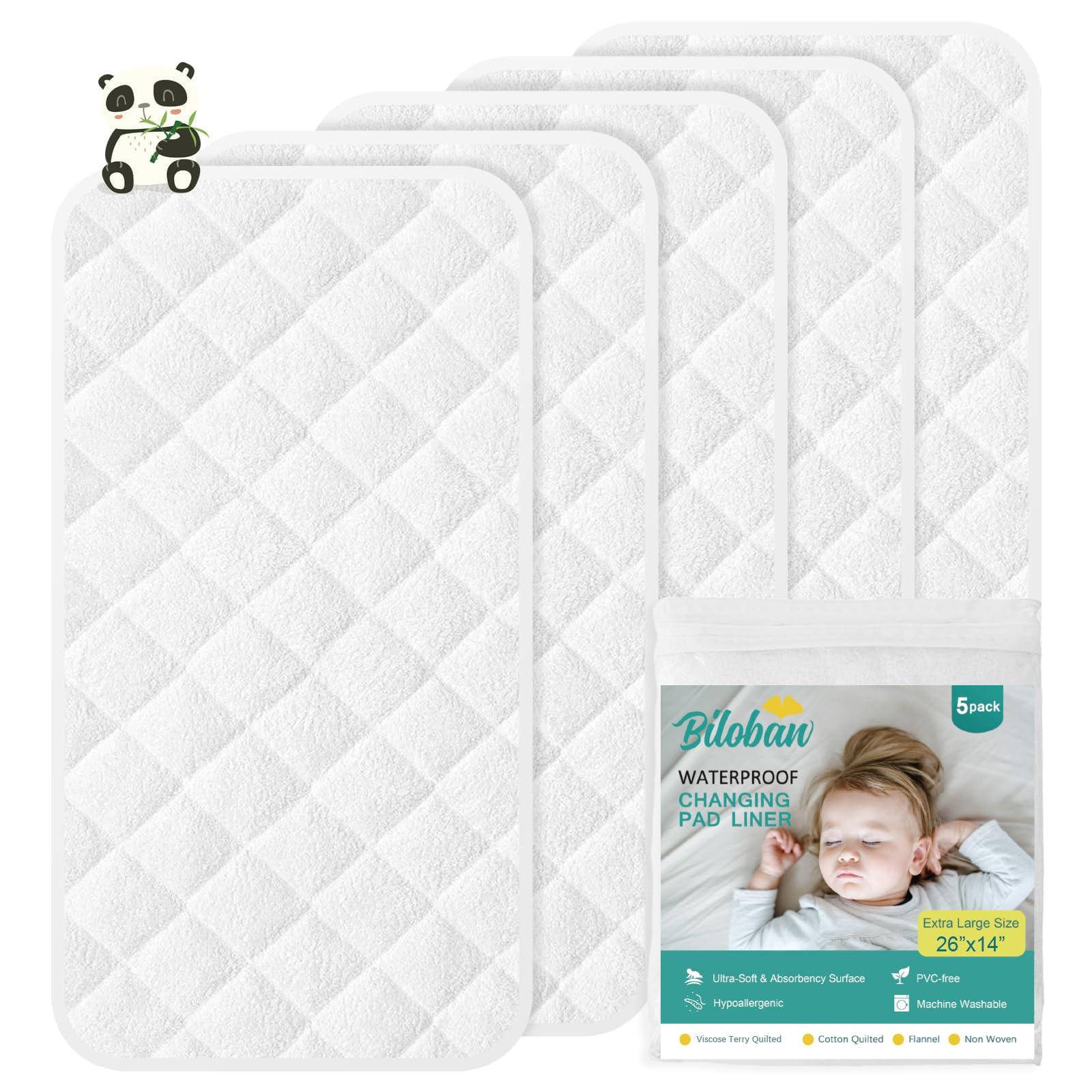 Photo 1 of Changing Pad Liner - 5 Pack (Improved Thickness) 14" x 26" Superior Viscose Terry Surface, Waterproof & Absorbent Diaper Changing pad Liners