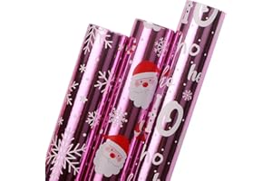 Ribbli Pink Christmas Wrapping Paper 3 Rolls Metallic Foil Shine Santa Snowflake Hoho Gift Wrapping Paper, Mini Roll-17 Inch x 10 Feet Per roll