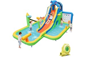HONEY JOY Inflatable Water Slide, 9 in 1 Elephant Waterslide Water Park for Kids Backyard, Splash Pool, Tic Tac Toe, Climbing Wall, Water Slides Inflatables for Kids and Adults(with 735w Blower)