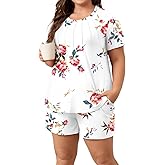 Anyhold Women's 2 Piece Pajama Sets, Short Sleeve Plus Size Lounge Sleepwear Ladies Pjs with Pockets