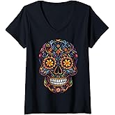 Womens Halloween Sugar Skull Dia De Los Muertos Calavera V-Neck T-Shirt