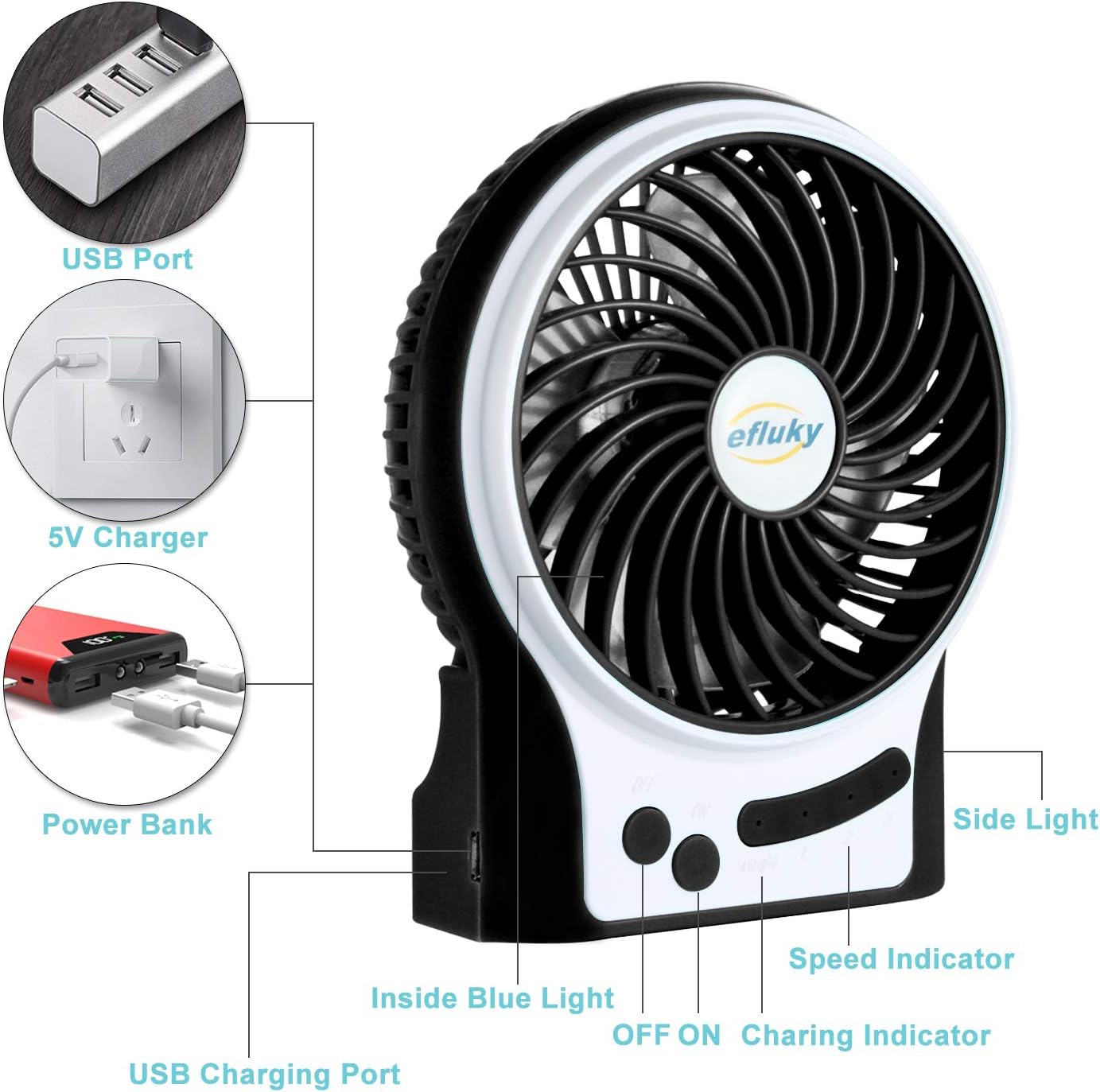 efluky 3 Speeds Mini Desk Fan, Rechargeable Battery Operated Fan with LED Light and 2200mAh Battery, Portable USB Fan Quiet for Home, Office, Travel, Camping, Outdoor, Indoor Fan, 4.9-Inch, Black: Home & Kitchen