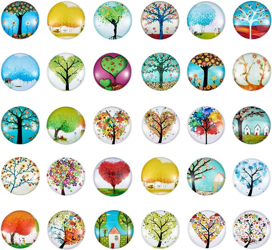 PandaHall About 50pcs/Box Tree of Life Printed Half Round Flat Back Glass Cabochons 1 Inch (25mm) for Jewelry Making