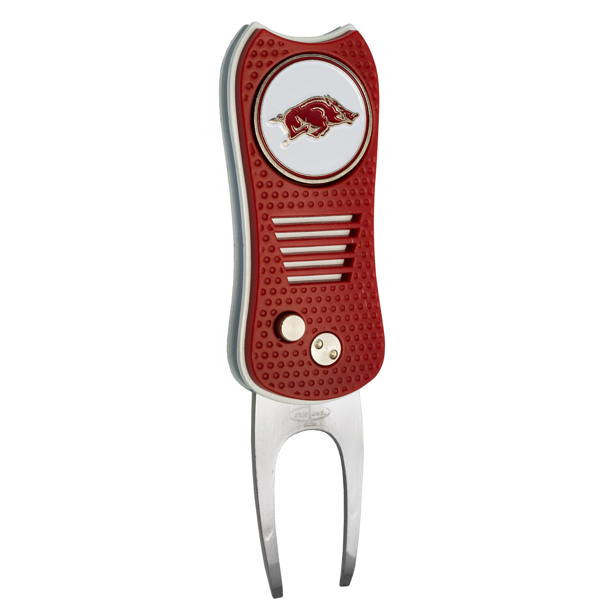 Team Golf NCAA Arkansas Razorbacks Switchblade Divot Tool with Double-Sided Magnetic Ball Marker, Features Patented Single Prong Design, Causes Less Damage to Greens, Switchblade Mechanism