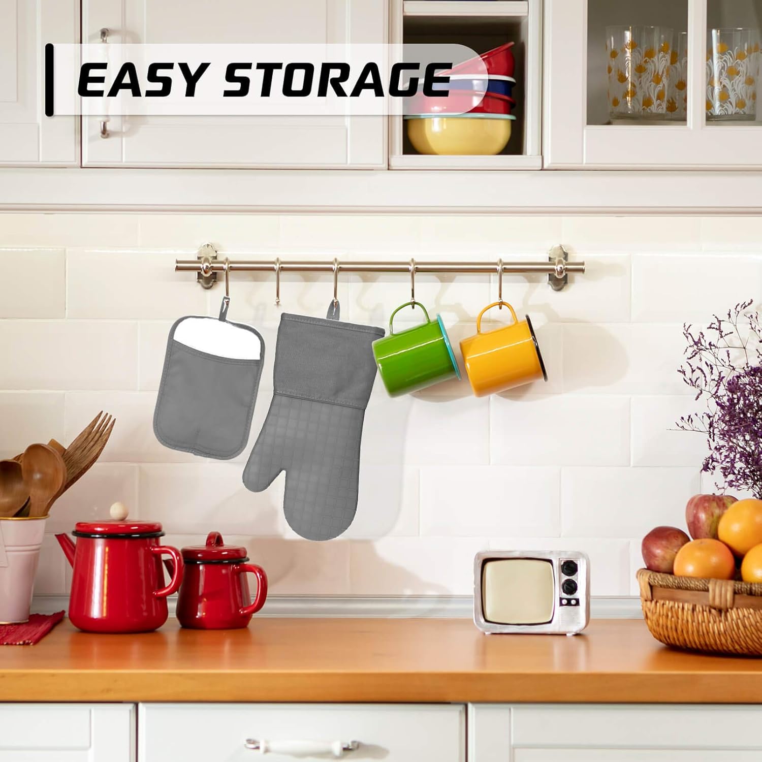 HOMWE Silicone Kitchen Pot Holders with Pockets, 2 Pc Set Trivet, Steam and Heat Resistant Hand and Countertop Protection Hot Pads, Non-Slip Grip potholders, Terrycloth Interior Lining, Black: Kitchen & Dining