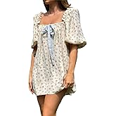 hibshaby Women's Babydoll Short Dress Puff Sleeve Cute Tie Mini Dress Floral Sundress