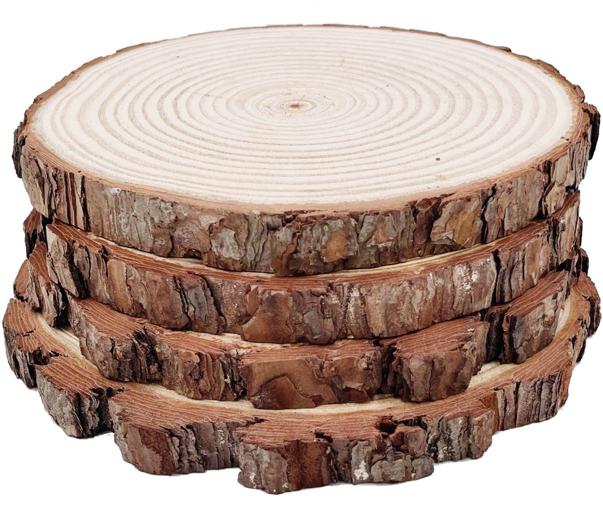 Natural Round Discs Rustic Wood Slices 4 PCS 9-10 inch Unfinished Wood kit Circles Crafts Tree Slices with Bark Log Discs for DIY Arts and Wedding Party Potluck Banquet Ornaments Decorations