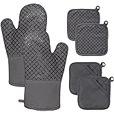 4 Pcs Oven Mitts and Pot Holders,500°F High Heat Resistant Kitchen Oven Mitts with Pot holders,Long Oven Mitts with Recycled Cotton Infill and Silicone Non-Slip Surface for Baking and Cooking(Grey)