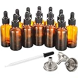 12 PCS, 1 oz Dropper Bottles for Essential Oils with 3 Stainless Steel Funnels & 1 Long Glass Dropper - 30ml Amber Glass Bott