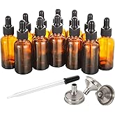 12 Pack, 2 oz Glass Dropper Bottle with 3 Stainless Steel Funnels & 1 Long Glass Dropper - 60ml Amber Tincture Bottles with E