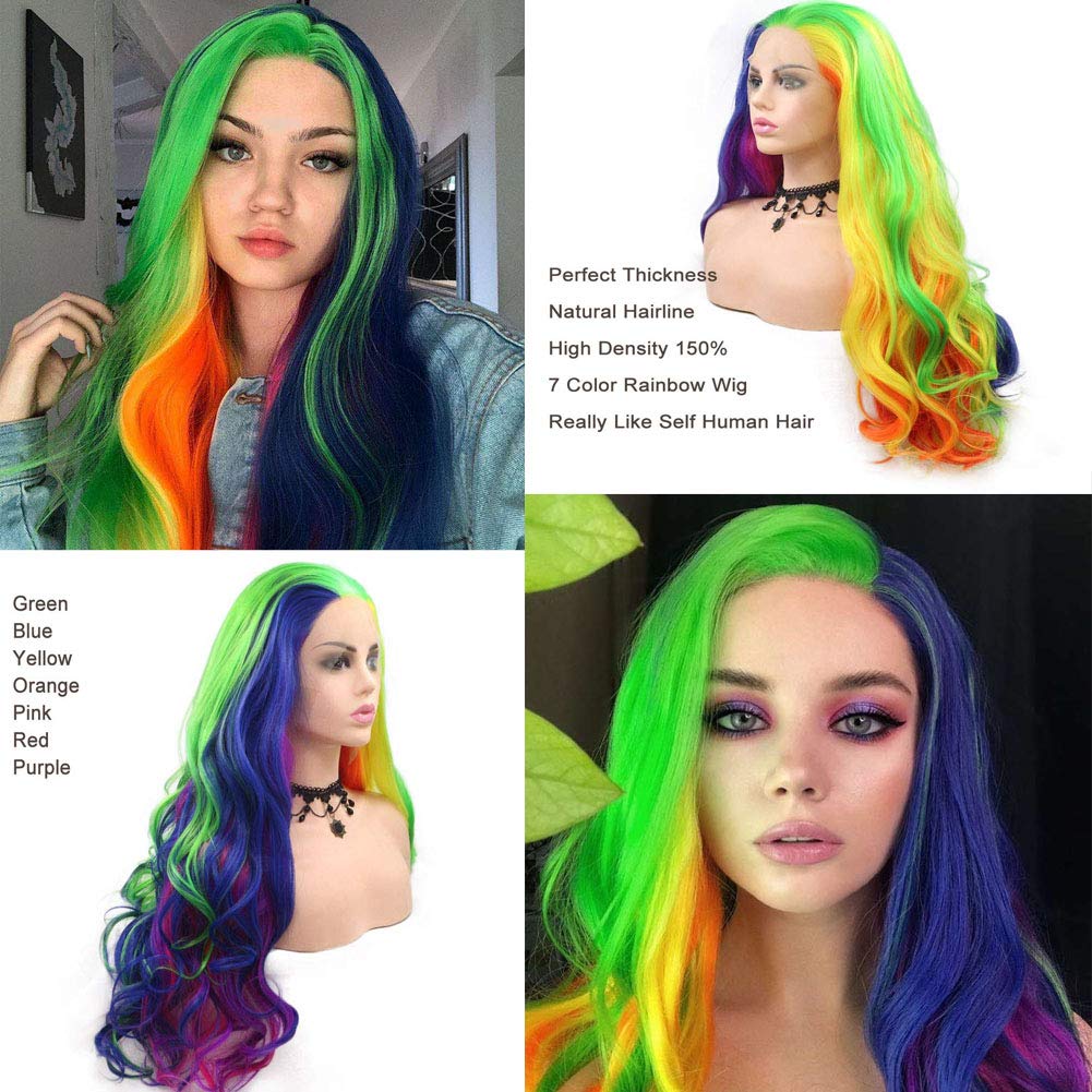 Amazon Com Multi Colored Wigs Mix Colorful Rainbow Synthetic Lace Front Wigs Orange Yellow Blue Green Pink Purple Red Soft Wavy Hair 26 Inch With Natural Hairline Beauty