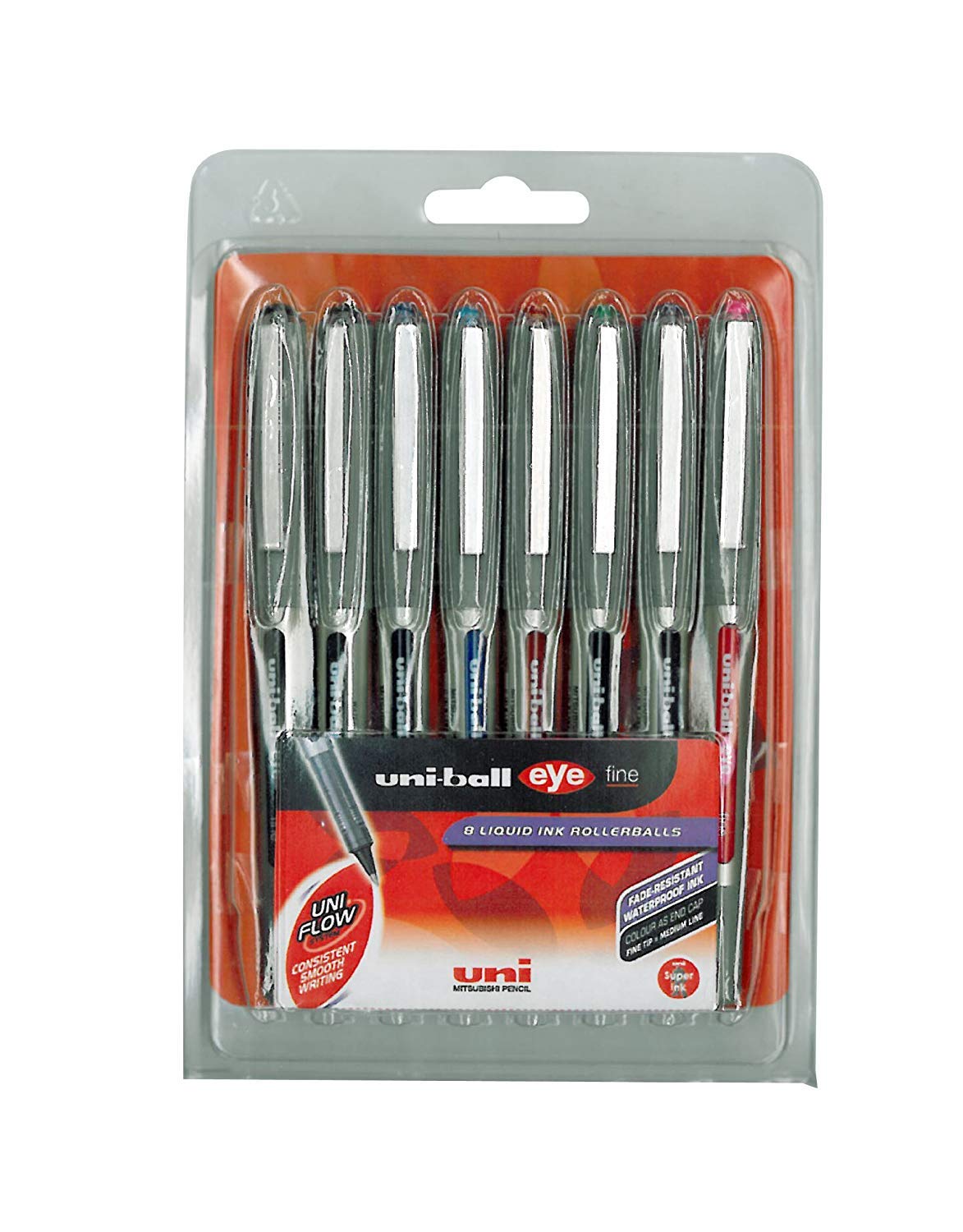 uni-ball Eye Fine UB-157 Rollerball Pens - Assorted Colours, Pack of 8