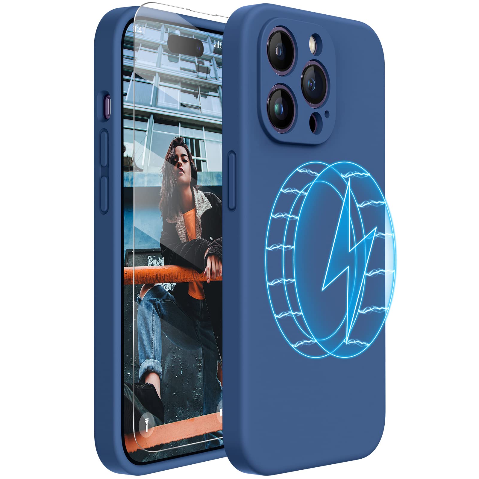 Photo 1 of Miracase Magnetic Case Designed for iPhone 14 Pro Max Phone Case with Screen Protector,[Upgraded Enhanced Camera Protection],Shockproof Liquid Silicone Case 6.7 inch, Glass Blue Magnetic