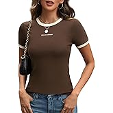 DCCISU Women's Crewneck Short Sleeve T Shirts Summer Letter Print Slim Fit Ribbed Basic Tee Tops