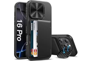 SIXBOX for iPhone 16 Pro Case with Card Holder & Kickstand & Camera Cover, Full Body Protective Silicone Edge Rugged Multifunctional Wallet Stand Phone Cover Case for iPhone 16 Pro, Black