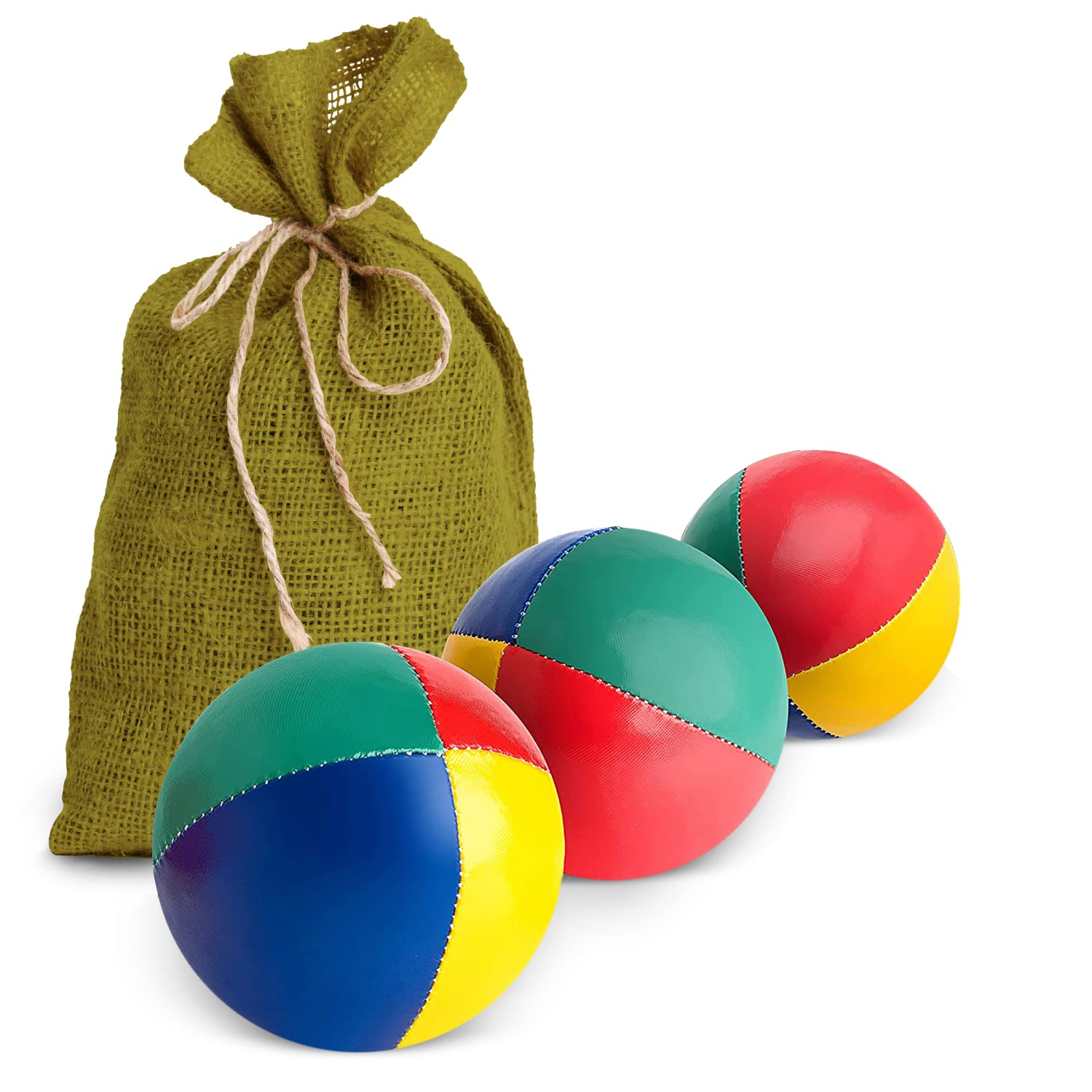 Mister M | 3 juggling balls in green jute bag | Easy to catch | Waterproof covering and eco-friendly padding | Suitable for beginners and experts | With app and online video tutorial