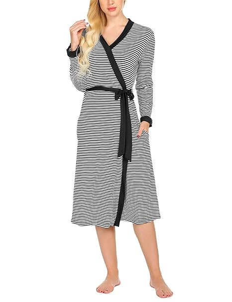 MAXMODA Damen morgenmantel Lang Kimono mit V Ausschnitt Nachthemd Nachtwäsche Robe Dünner Bademantel Nachtmantel Damen mit Gü