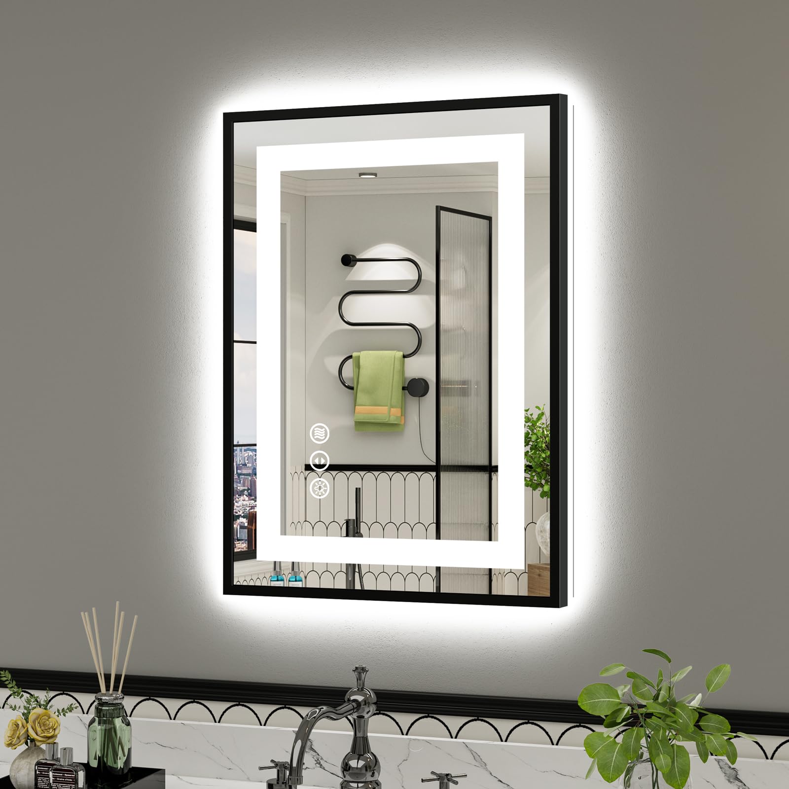 20x28 Inch LED Bathroom Mirror with Black Frame, Backlit & Front Lit, Anti-Fog Lighted Bathroom Vanity Mirror for Wall, Memory Function, Dimmable, HD Tempered Glass, Shatter-Proof