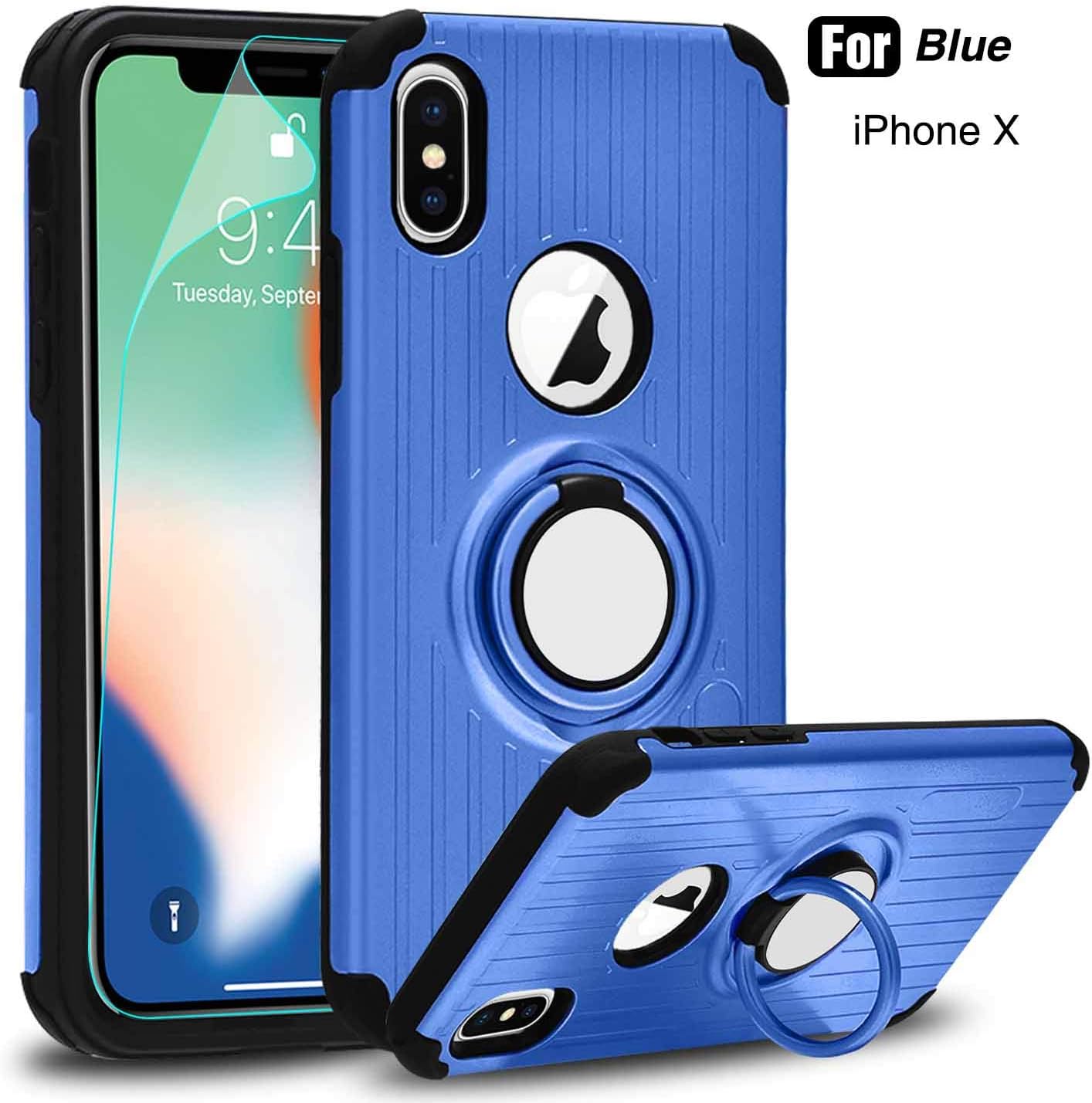 Phone Case Compatible iPhone X, iPhone Xs,Atump 360 Degree Rotating Ring Holder Kickstand Case Cases with Built-in Screen Protector Cover Compatible iPhone Xs/iPhone X Blue