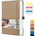 EMSHOI Lined Journaling Notebook - 120gsm Leather Journal with Sticky Notes & 256 Numbered Pages, A5 Hardcover College Ruled Notebook for Work, School, Writing, 5.75”x8.38” - Khaki