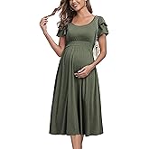Ruffle Short Sleeve Maternity Dress High Waisted Midi Spring Baby Shower Dresses