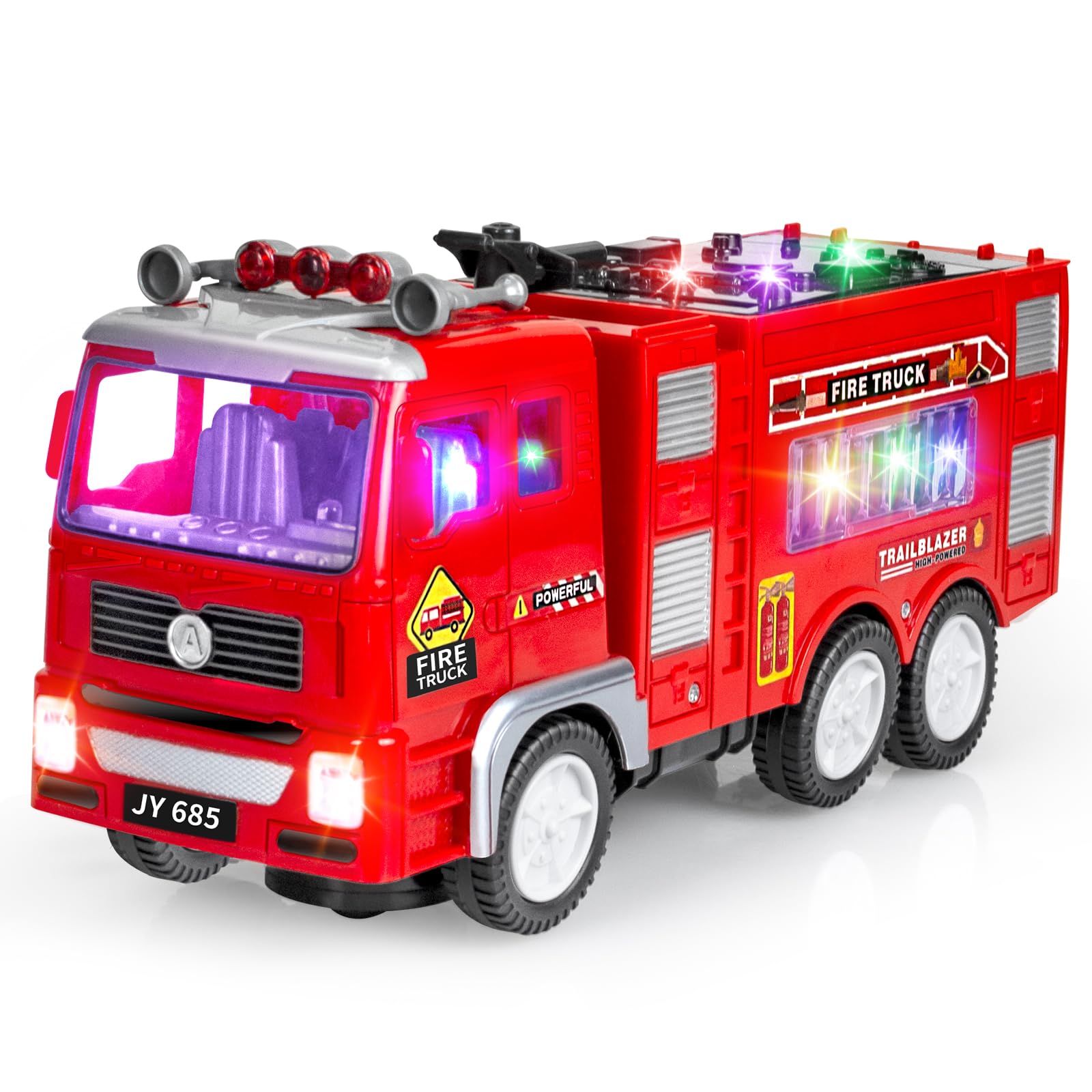 Ynanimery Toddler Fire Engine Truck Toys, Large Fire Truck Toy for 3 4 5 6 Year Olds, Bump and Go Firetruck with Flashing 4D Lights & Real Siren Sounds, Rescue Car Toys Gifts for Kids 3-8 Boys Girls