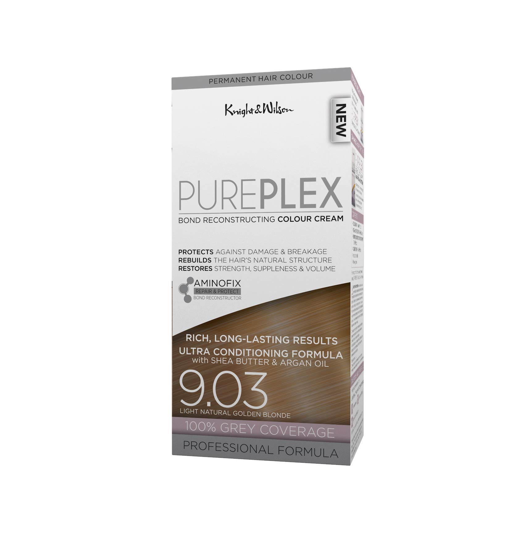Knight & Wilson PurePlex Light Natural Golden Blonde Permanent Hair Colour Dye. Protect, Restore and Nourish with Aminofix. 9.03 Light Natural Golden Blonde. 100% Grey Coverage.