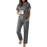 Ekouaer 100% Cotton Pajama for Women Short Sleeve Pj Top With Long Pants 2 Piece Lounge Set with Pocket