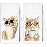 AJIPUX Funny Cat Kitchen Towels Set of 2, Gifts for Cat Lovers, Watercolour Coffee Station Wine Bar Decorative Dish Tea Towel Drying Cloth 16x24 Inch
