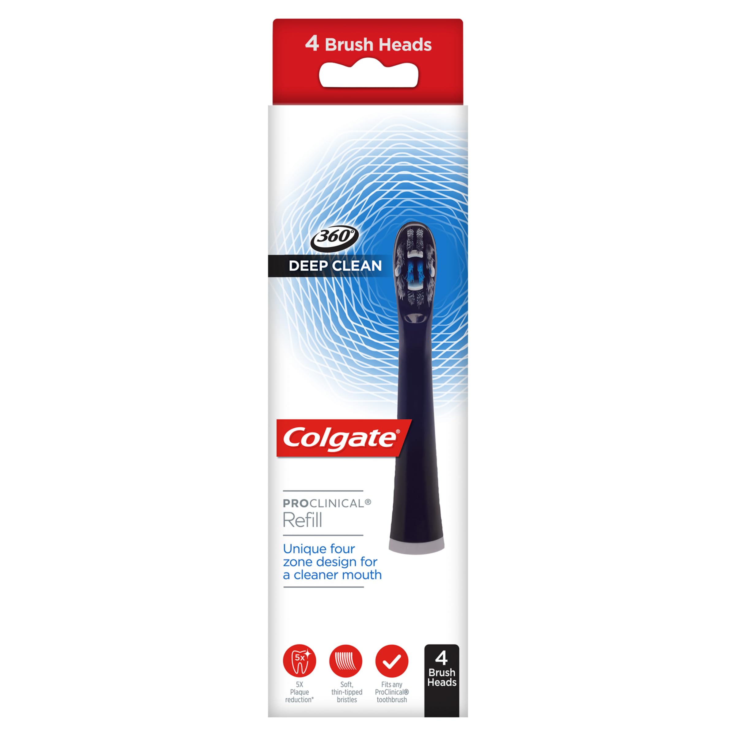 Colgate 360 Deep Clean Proclinical Refill Toothbrush Heads, Soft Bristle Heads for Plaque Removal, Pack of 4