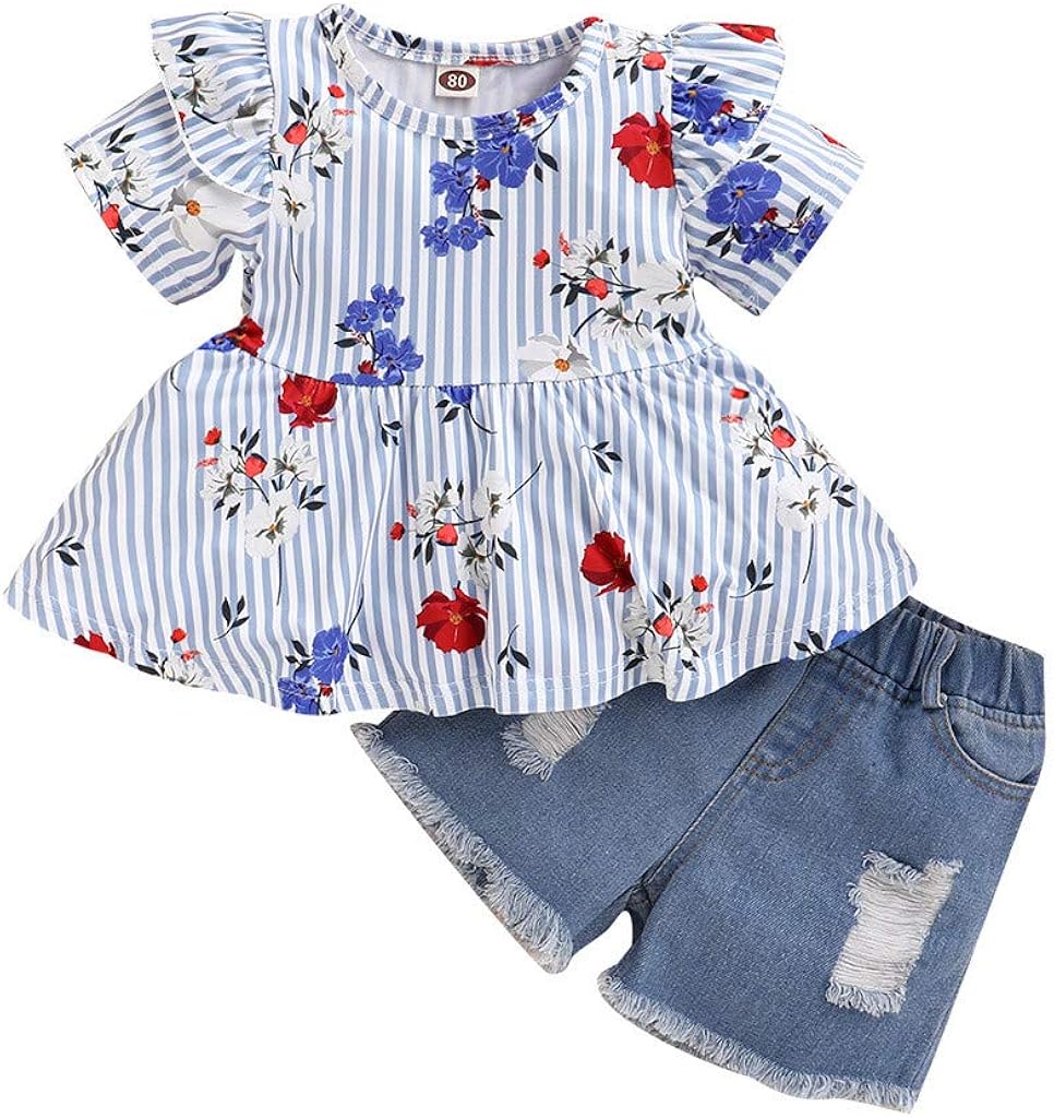 Baby Summer Clothes Sets，Toddler Baby Girl Ruffle Striped