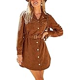 CUPSHE Womens Long Sleeve Fall Dresses Button Casual Belted Corduroy Pockets Fitted Work Mini Shirt Dress